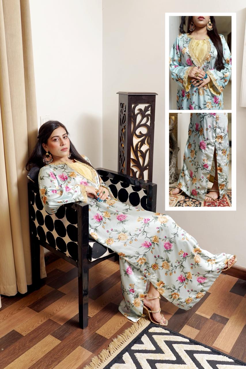 Woman in a floral outfit sitting on a bench with inset images of the outfit.